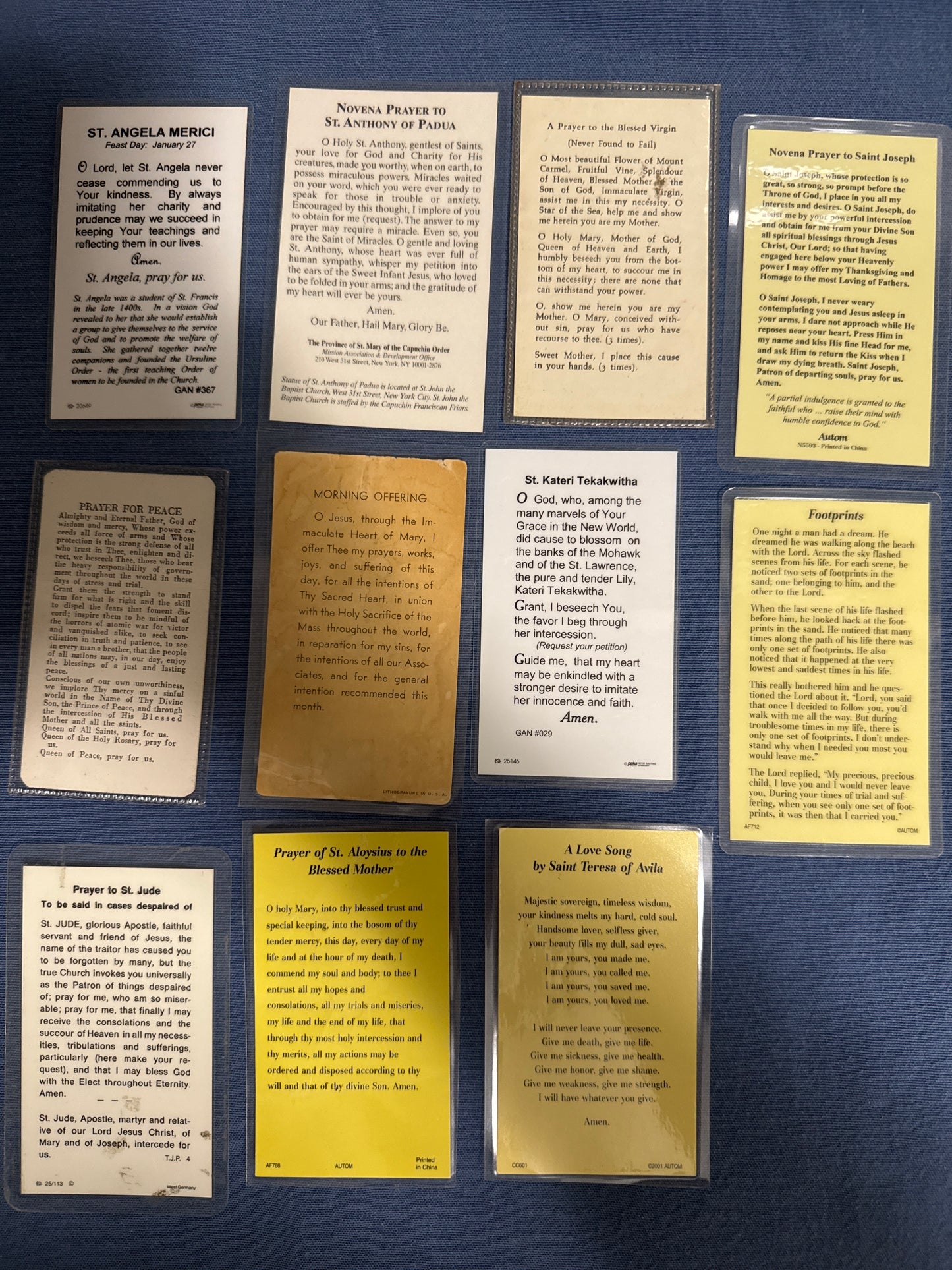 Laminated Holy Cards 10 - Lot of 11, various saints and prayers, see pictures