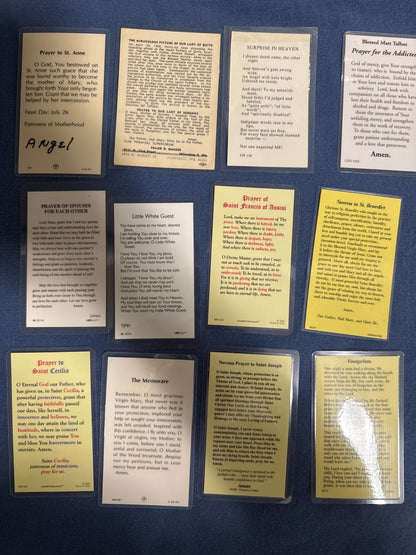Laminated Holy Cards 7 - Lot of 12, various saints and prayers, see pictures