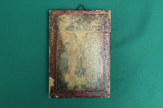 Icon 30 - 3.5"x5"x.5"  Antique Jesus Crucifixation with the Blessed Mother and St. John