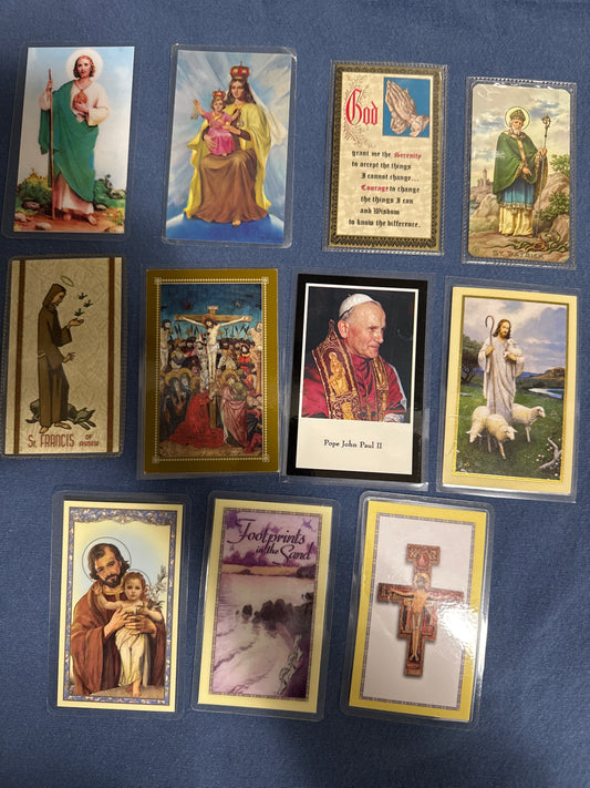 Laminated Holy Cards 8 - Lot of 11, various saints and prayers, see pictures